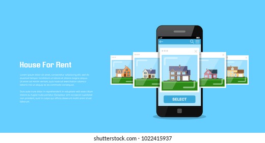 Picture of a smartphone with house icons, house for rent, house selection concept, flat style illustration