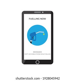 Ein Bild von Smartphone mit Benzindüse, Betankung jetzt und Erinnerung nicht verwenden Handy beim Betreiben von Wort. Bezahlen Sie Benzin mithilfe des Smartphone-Konzepts.