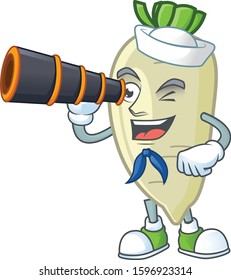 Picture of Smiling happy Sailor white radish with binocular