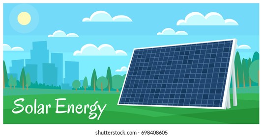 Picture of solar batteries with city silhouette  and woods. Solar energy
