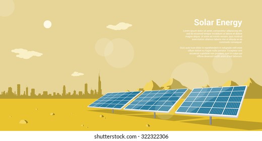 picture of solar batteries in a desert with mountains and big city silhouette on background, flat style concept of renewable solar energy