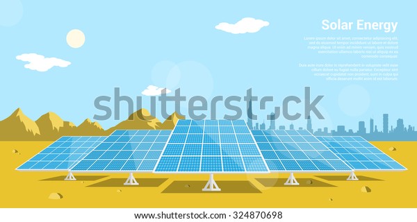 picture of solar batteries in a desert with\
mountains and big city silhouette on background, flat style concept\
of renewable solar\
energy