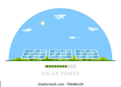 picture of solar batteries, flat style concept banner of renewable solar energy