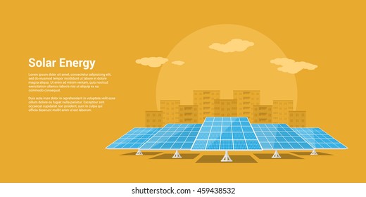 picture of solar batteries with mountains city silhouette on background, flat style concept of renewable solar energy