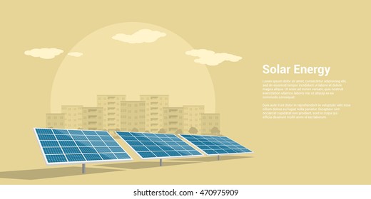 picture of solar batteries with mountains city silhouette on background, flat style concept of renewable solar energy