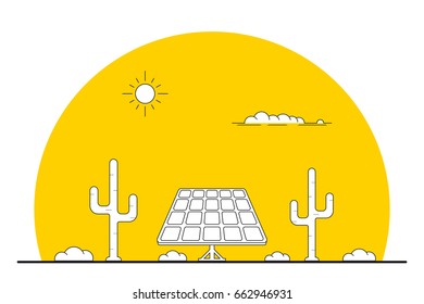 picture of solar panels in front of desert landscape with cactuses around and mountains on background