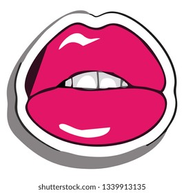 Imagen de alguien mordiendo los labios pintada en lápiz labial rojo con dientes blancos dibujo de color vectorial o ilustración 