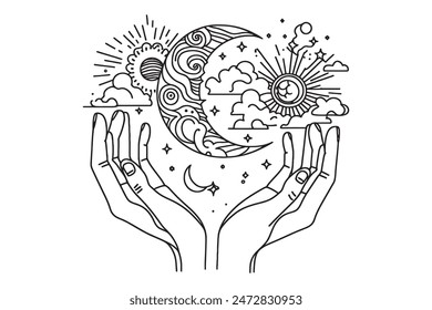 picture of space in hands with one line. vector illustration of abstract drawing of space in hands