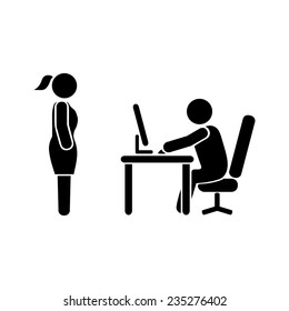 Picture of a standing woman and a sitting man behind the desk at school or job interview.