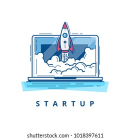 Picture of a startup rocket with a line out of the laptop