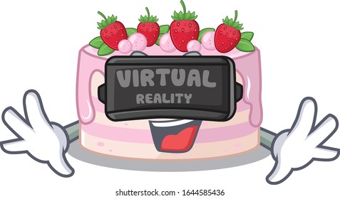 A Picture of strawberry cake character wearing Virtual reality headset