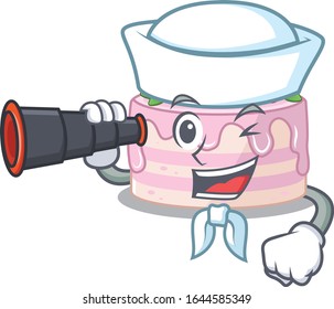 A picture of strawberry cake working as a Sailor with binocular