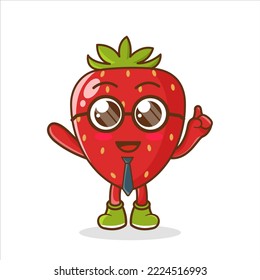 A picture of strawberry cartoon businessman mascot character wearing tie and glasses