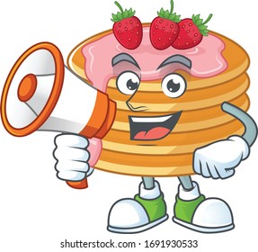 A picture of strawberry cream pancake cartoon design style speaking on a megaphone