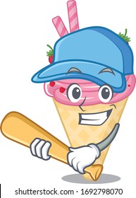 Picture of strawberry ice cream cartoon character playing baseball