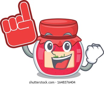 A picture of strawberry jam mascot cartoon design holding a Foam finger