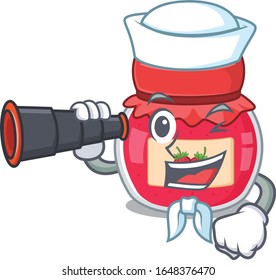 A picture of strawberry jam working as a Sailor with binocular