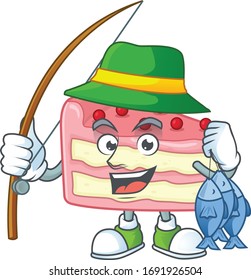 A Picture of strawberry slice cake fisher mascot design catch a fish