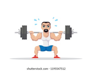 Picture of a strong athlete man doing squats with barbell on neck back. Gym workout concept. Flat style character design.