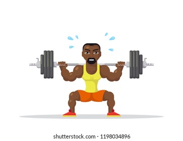 Picture of a strong athlete man doing squats with barbell on neck back. Gym workout concept. Fla style character design.