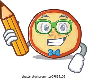 A picture of Student apple chips character holding pencil
