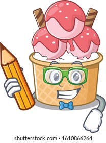 A picture of Student ice cream sundae character holding pencil