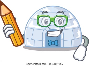 A picture of Student igloo character holding pencil