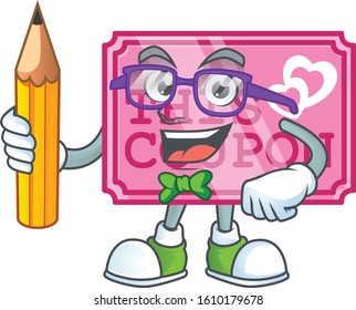 A picture of Student pink love coupon character holding pencil