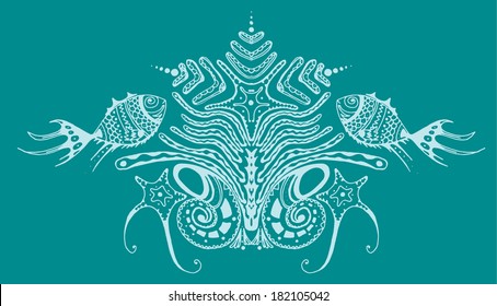 Picture of stylized fish, plant, coral and starfish. Recommended for use in travel brochure. 