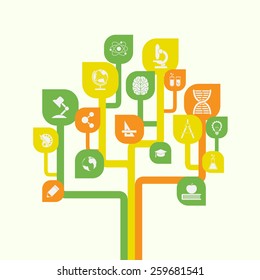 picture of stylized tree with icons, education, knowledge, science concept