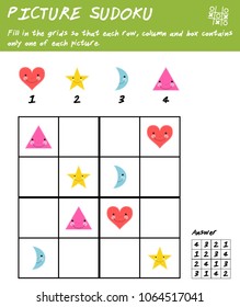 Picture sudoku game with basic shapes for children. Logic educational game. Kids activity sheet