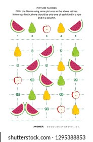 Picture sudoku puzzle 5x5 (one block) with fruits and berries - watermelon slices, red apples, green and yellow pears. Answer included.