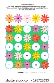 Picture sudoku puzzle 5x5 (one block) with gerbera daisy flowers. Answer included. 