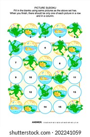 Picture sudoku puzzle 5x5 (one block) with frogs and pond life. Answer included. 