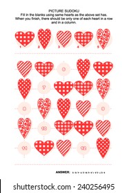 Picture sudoku puzzle 5x5 (one block) with hearts of various shapes and patterns. Answer included. 