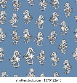 Picture. Suitable for fabric, paper, packaging. Watercolor. Illustration. Drawn by hand. In simple style. Seahorse isolated on blue, white and black background. Vector illustration. Clip Art.