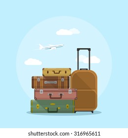 picture of suitcases stack with clouds and plane on background, flat style illustration, vacation and travel concept