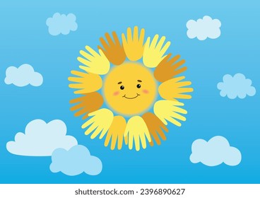 A picture of the sun with multicolored hands of different nationalities around like rays and clouds. It symbolizes peace, kindness and a bright sky around
