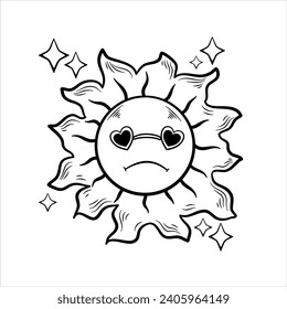 una imagen del sol con una expresión ligeramente sosa. iconos vectoriales. adecuado para diseños de camisetas, tazas o imágenes.