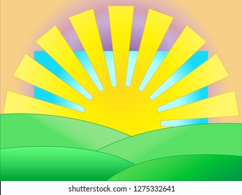 The picture of the sunrise over the hills against the blue sky on an orange background