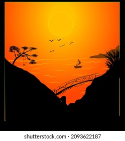 a picture of a sunset on a beach with a cliff view