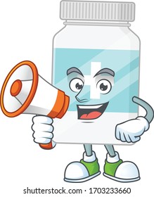 A picture of supplement bottle cartoon design style speaking on a megaphone