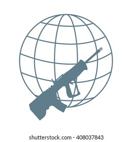 Picture symbolizing the world against weapons: rifle and globe on white background