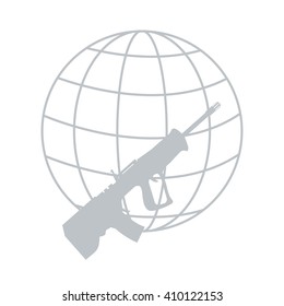 Picture symbolizing the world against weapons: rifle and globe on white background