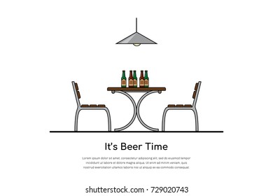 picture of a table with two chairs and beer bottles, beer time concept, flat style line art illustration