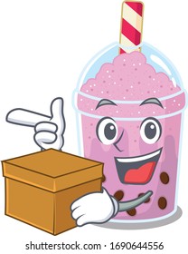 An picture of taro bubble tea cartoon design concept holding a box