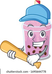 Picture of taro bubble tea cartoon character playing baseball
