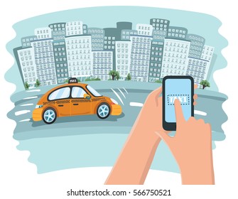 picture of a taxi cab, mobile phone with map and big city on background, taxi service concept, flat style illustration