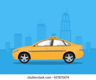 picture of a taxi car with big city silhouette on background, flat style illustration