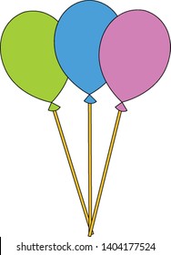 A picture with three balloons one green, one blue, and one pink, vector, color drawing or illustration. 